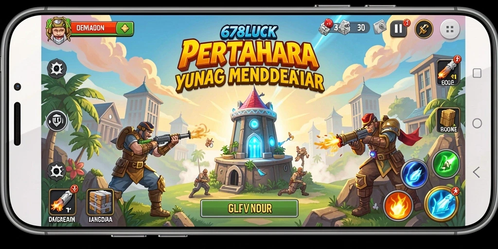 Tangkapan layar utama 678LUCK menampilkan aksi menara defensif menghadapi gelombang musuh.