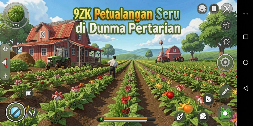 Screenshot gameplay <strong>9ZK</strong> menampilkan petani yang sedang panen di ladang.