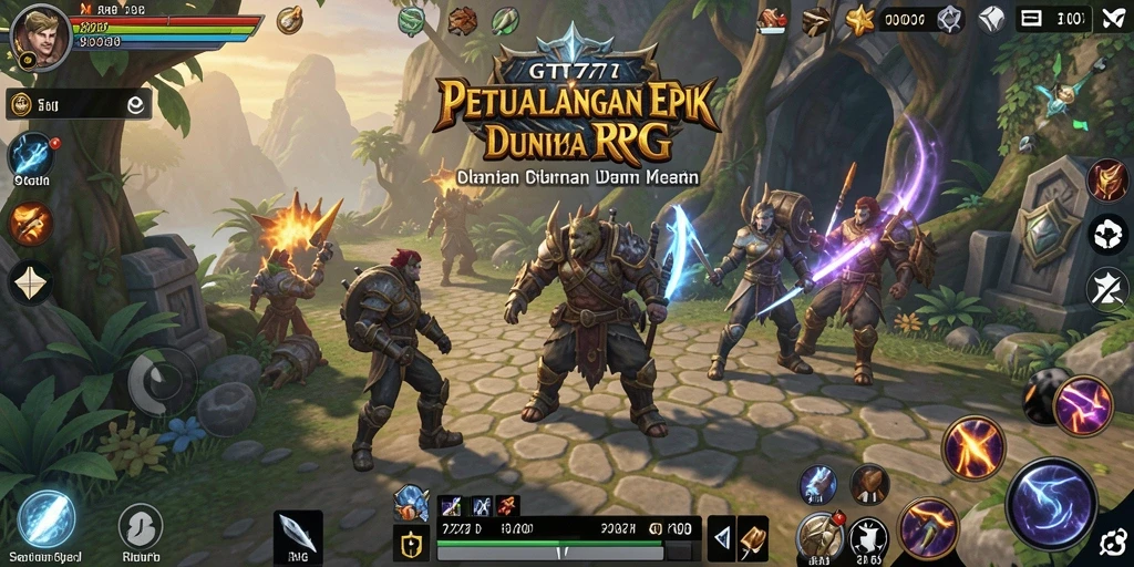 Screenshot utama menampilkan pertarungan epik dalam game RPG.