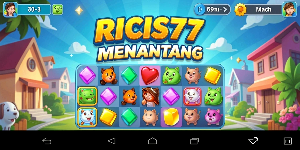 Screenshot gameplay RICIS77 yang menampilkan level Match-3 penuh warna.